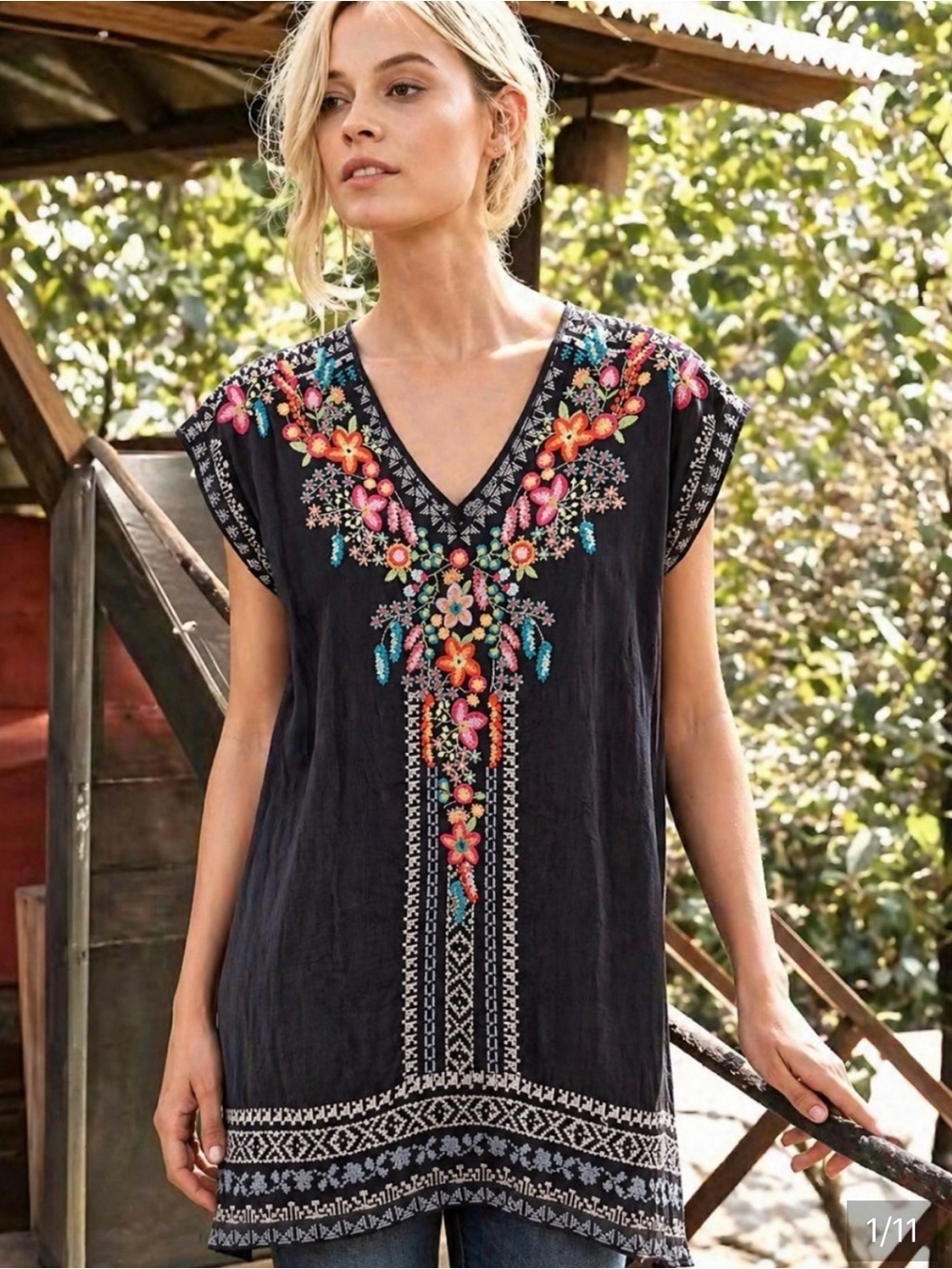 Johnny Was Embroidered Boho Letty gray floral tunic dress size medium